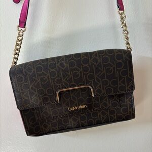 Calvin Klein Brown Monogram Shoulder Bag with Gold Accents